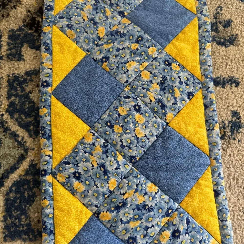 Handmade Quilted Patchwork Square Table Runner Blue Yellow Floral 12x46 Cottage